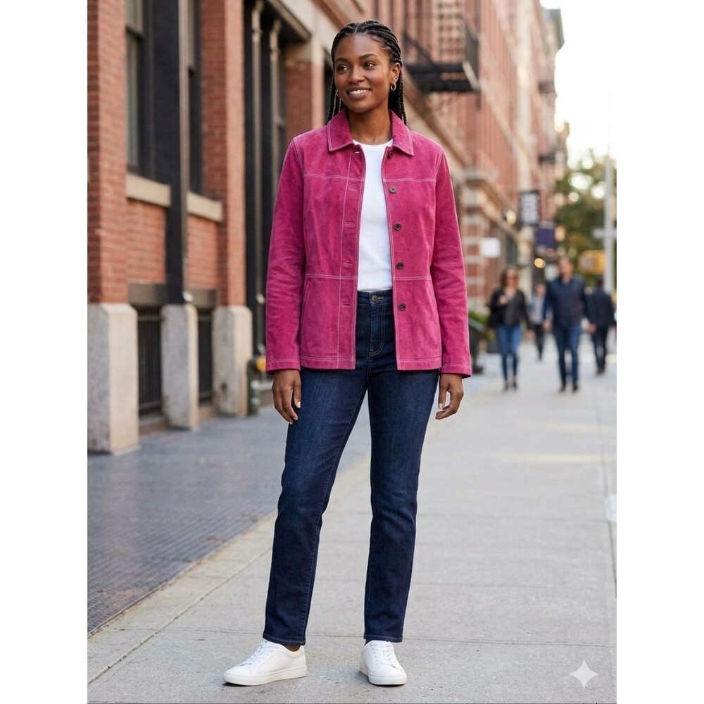 L.L. Bean Vntg Women's Pink Suede 90's Button-Front Jacket Dopamine Size M